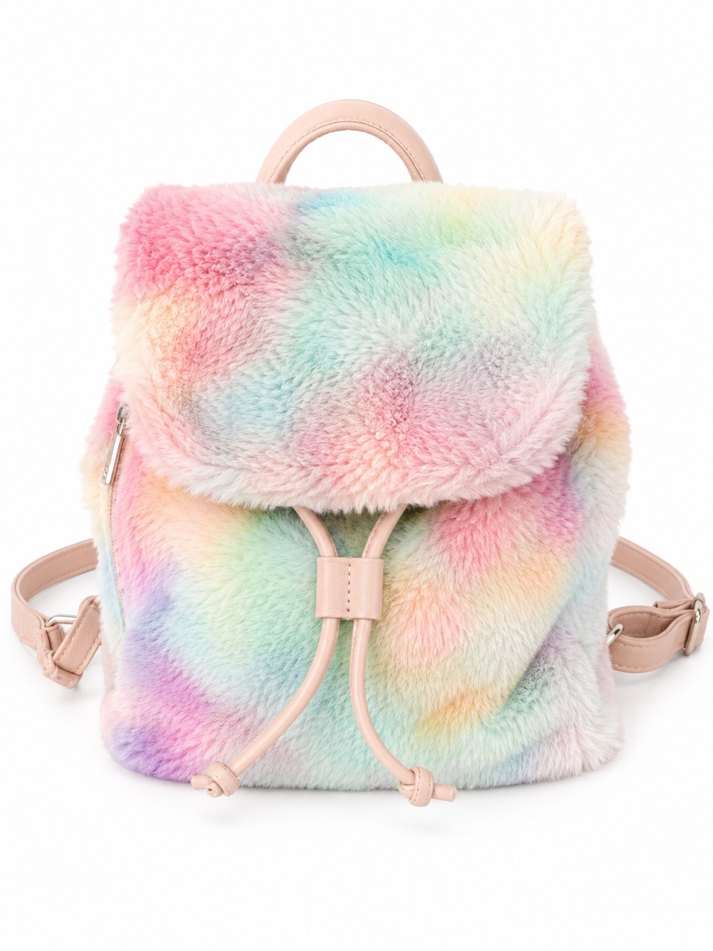 Girls Pastel Rainbow Faux Fur Mini Backpack Purse Convertible Pink Blue 10”